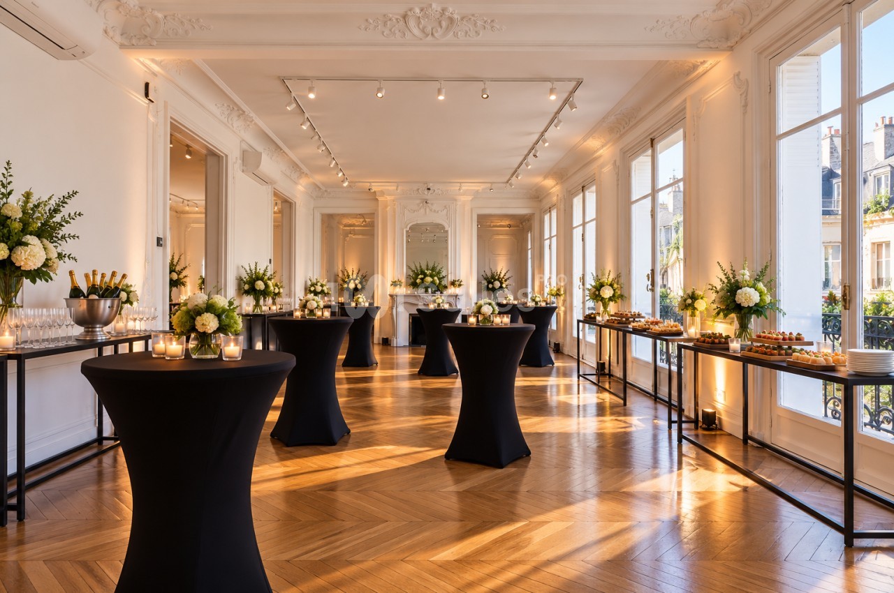 Salle de réception haussmannienne aux moulures blanches et parquet en point de Hongrie, dressée de tables hautes noires avec bouquets blancs, bougies et buffet le long des fenêtres. Let me check length: roughly 165 characters, too long. Need ≤125. Salle