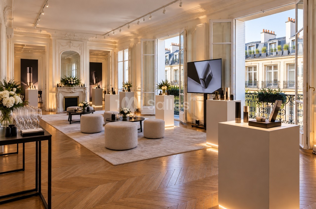 Grand salon haussmannien au parquet en point de Hongrie, avec mobilier bas en pouf et tables basses, présentoirs blancs éclairés, et larges fenêtres ouvertes sur un balcon. Let me check length: roughly 165 characters, too long. Need ≤125. Shorter: "Salon