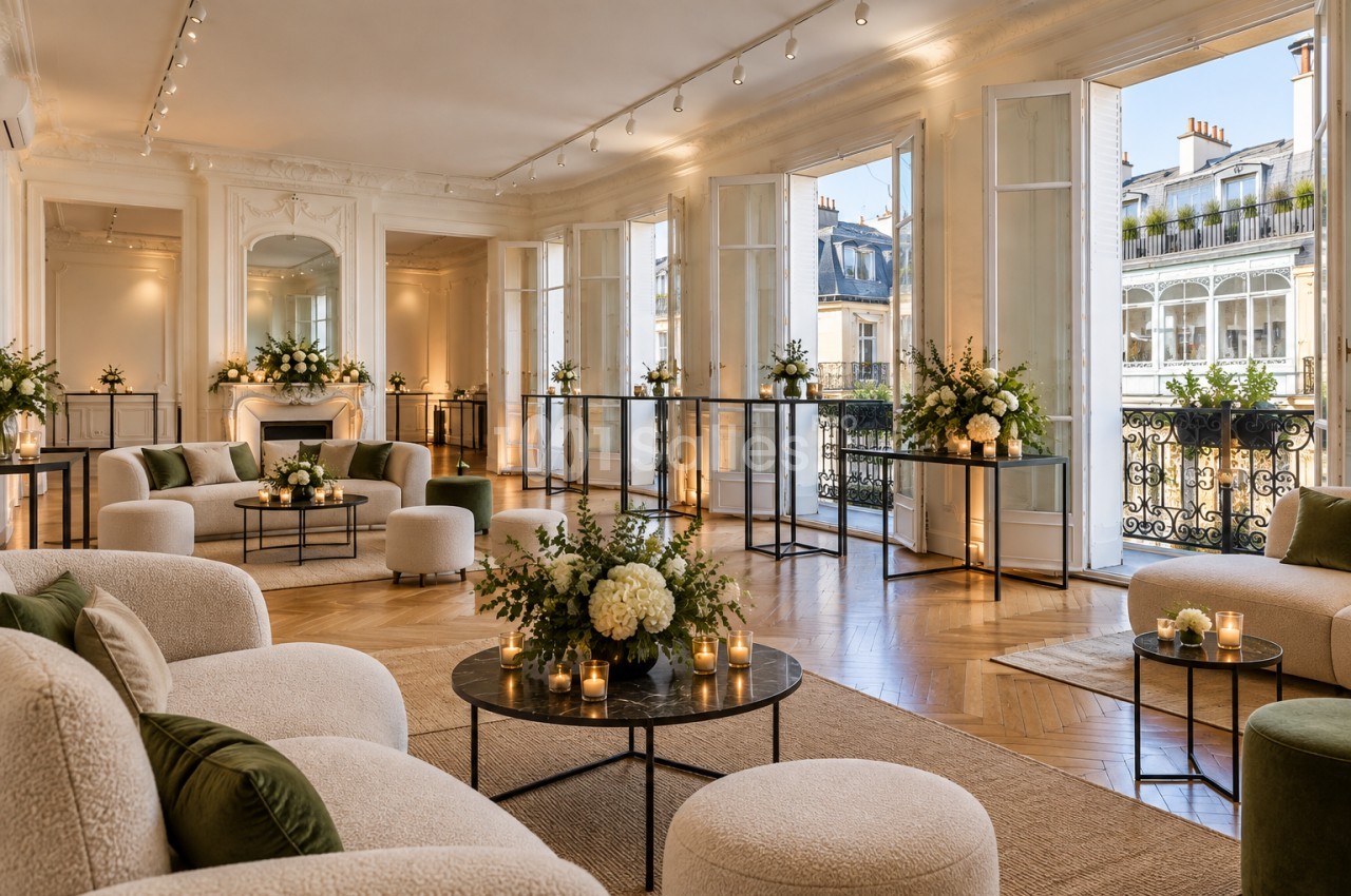 Salon haussmannien aux boiseries blanches et parquet en chevrons, meublé de canapés crème, de tables basses et de bouquets de fleurs blanches, avec balcon et portes-fenêtres ouvertes.