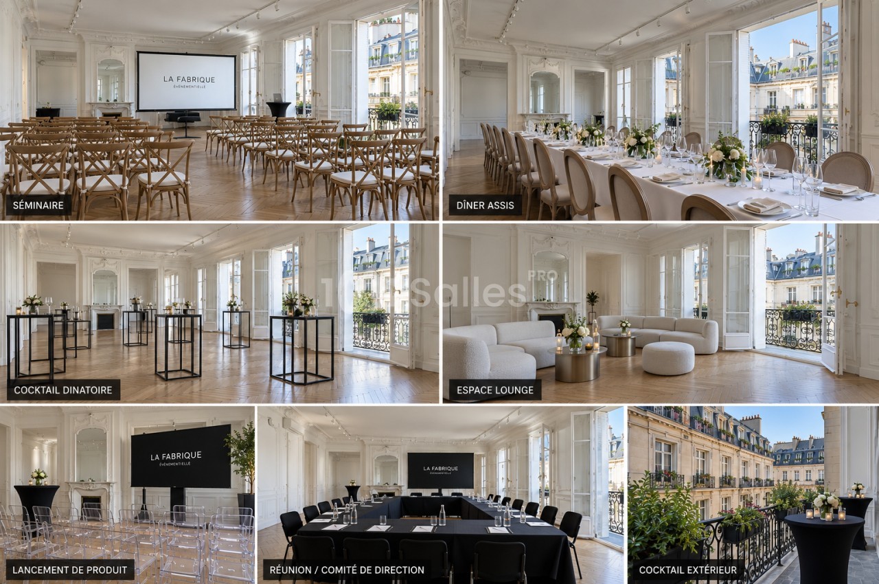 Sept aménagements d'une salle haussmannienne : séminaire, dîner, cocktail, lounge, réunion et cocktail sur balcon.