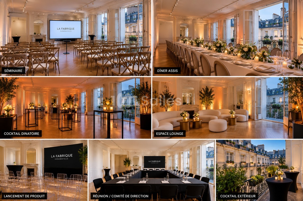 Sept configurations d'une salle haussmannienne : séminaire, dîner assis, cocktail, lounge, réunion et cocktail en extérieur.