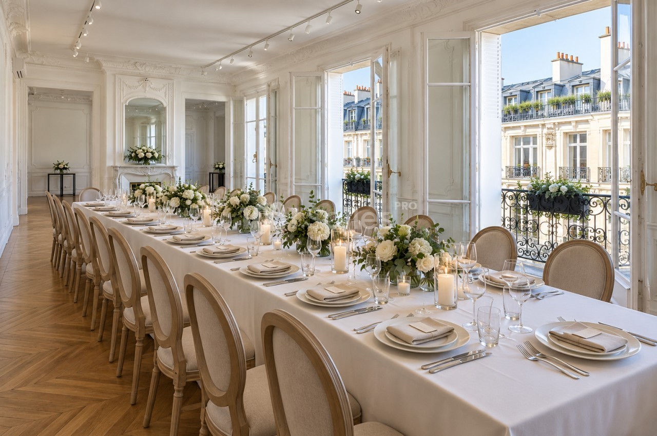 Grande table dressée de nappes blanches, bouquets de fleurs blanches et bougies, chaises cannées, près de hautes fenêtres ouvrant sur un balcon parisien. Count characters: roughly 160? Let me shorten to ≤125. "Longue table dressée de nappes blanches et