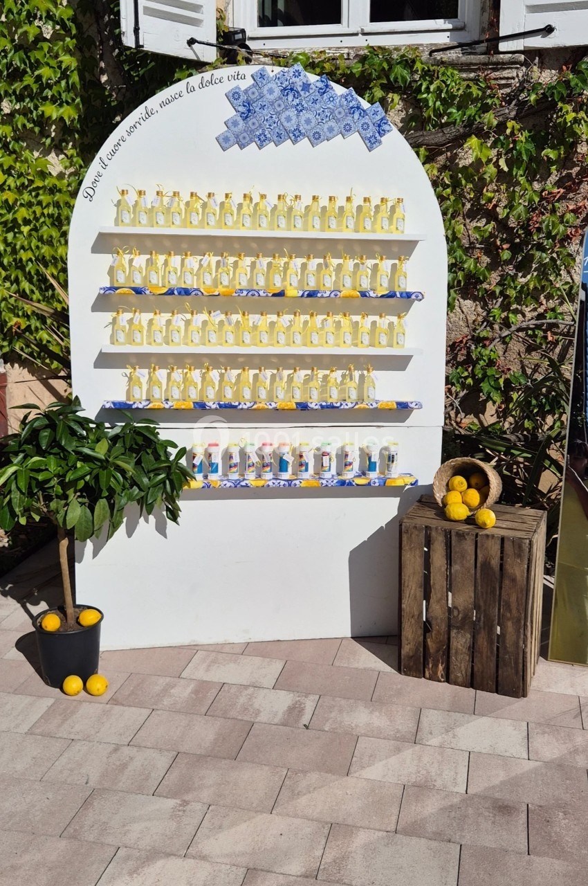 Mur décoratif avec des bouteilles de limoncello alignées, un citronnier en pot et une caisse de citrons au sol.