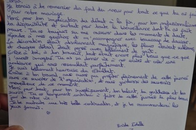 Miniature Soandyou Events #29 Lettre manuscrite exprimant des remerciements sincères pour l'organisation et la décoration d'un mariage.