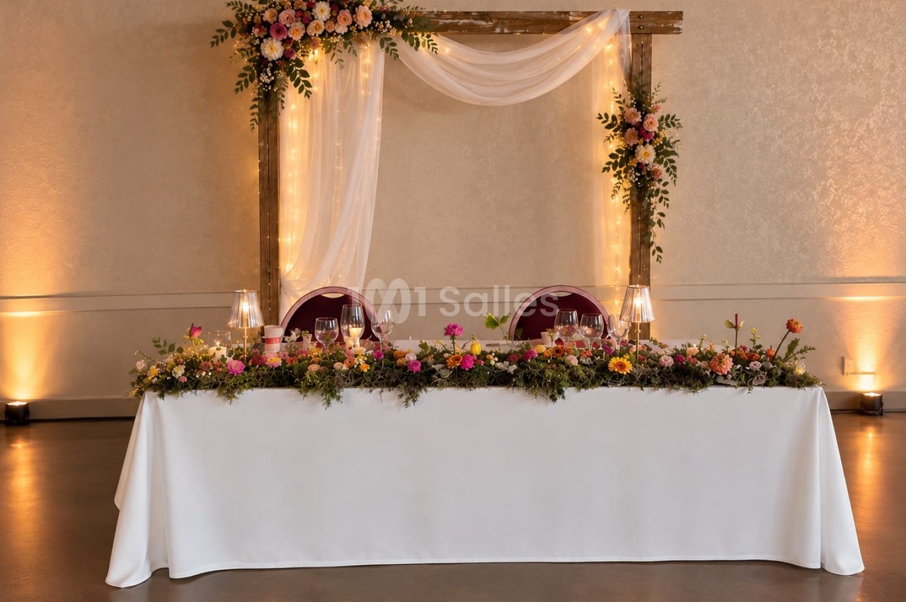 Table d'honneur dressée de nappe blanche, décorée d'un long composition florale aux tons roses et orange, devant un cadre en bois orné de voilages et de guirlandes lumineuses.