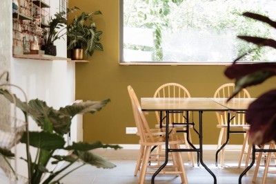 Miniature Location salle Phalempin (Nord) - L'Étoilerie #3 Une femme de dos, portant une chemise jaune, regarde par une grande fenêtre donnant sur un jardin verdoyant.