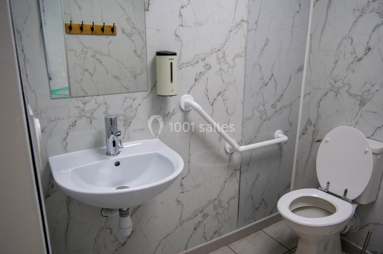 Salle de bain accessible avec lavabo, miroir, barre d'appui et toilettes sur fond de murs en marbre clair.