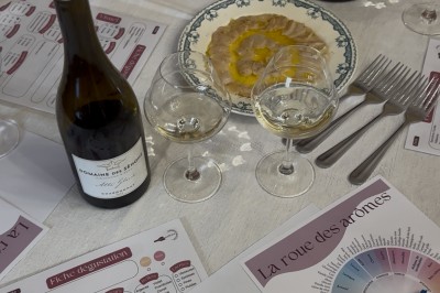 Bouteille de vin blanc, verres, assiette de carpaccio et documents de dégustation sur une table dressée.