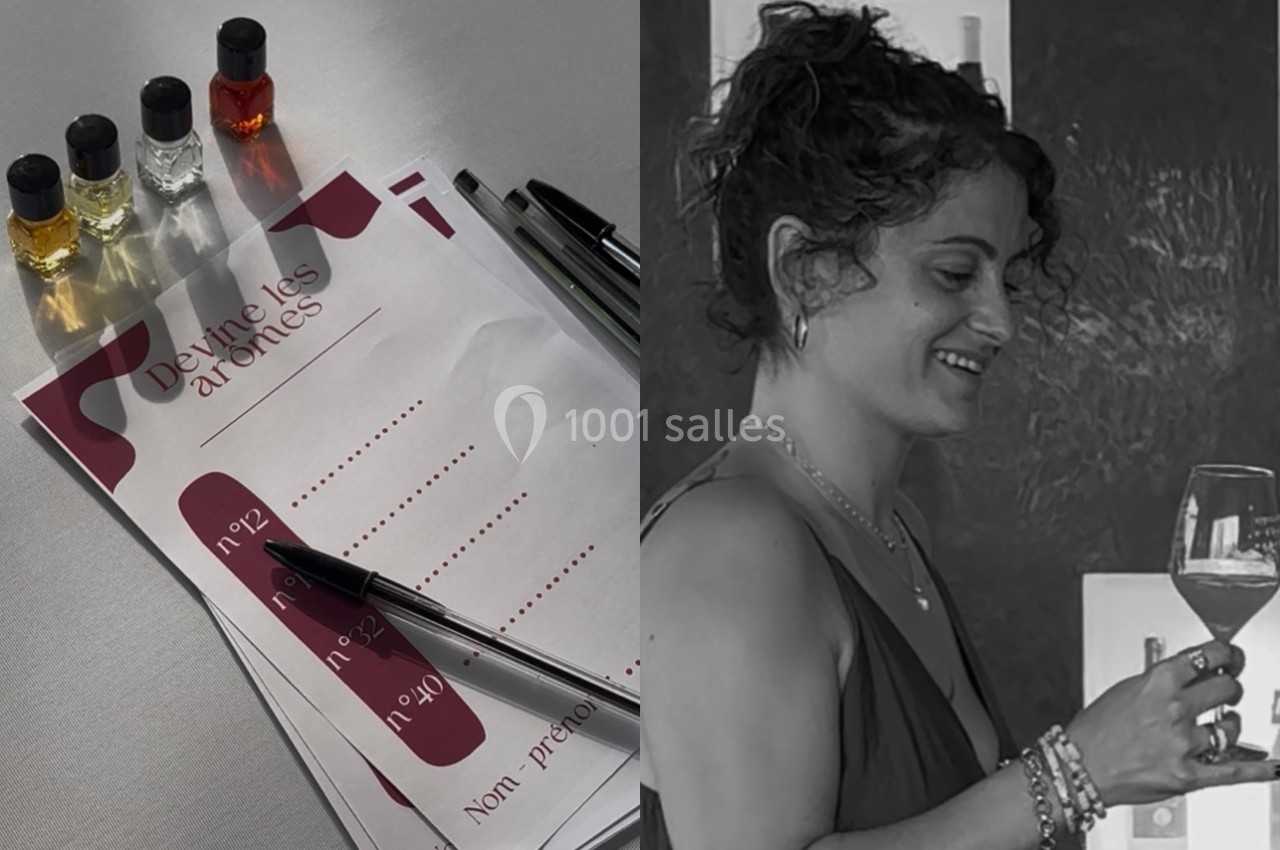 1. Flacons d'huiles essentielles et fiche de jeu ’Devine les arômes’ avec stylos sur une table. 2. Femme souriante tenant un…