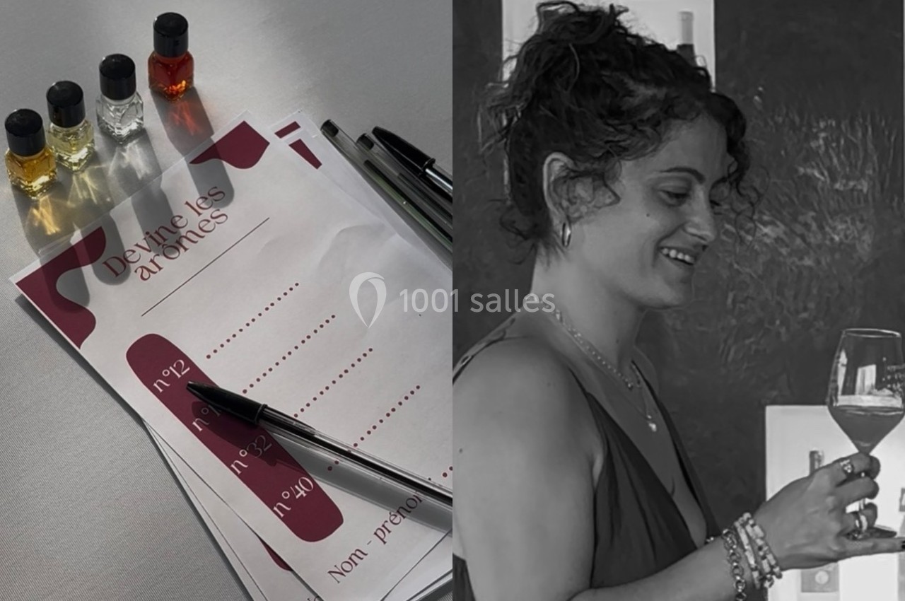 À gauche, un jeu de devinettes avec flacons d'huiles et fiche; à droite, une femme dégustant un verre de vin.