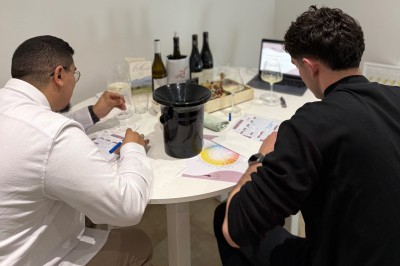 1. Dégustation de vin avec des verres et une roue des arômes sur une table en bois. 2. Verre de vin blanc tenu devant des…