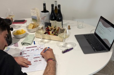1. Dégustation de vin avec des verres et une roue des arômes sur une table en bois. 2. Verre de vin blanc tenu devant des…
