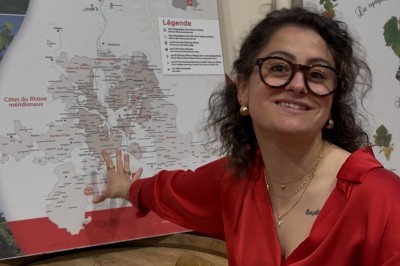 1. Dégustation de vin avec des verres et une roue des arômes sur une table en bois. 2. Verre de vin blanc tenu devant des…