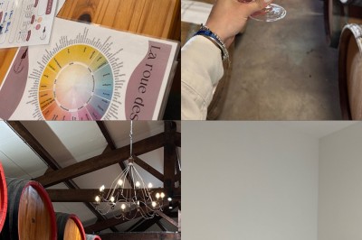 1. Dégustation de vin avec des verres et une roue des arômes sur une table en bois. 2. Verre de vin blanc tenu devant des…