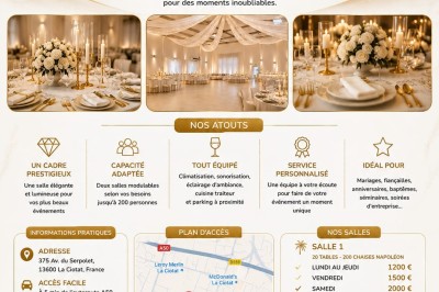 Salle de réception décorée avec des tables et chaises élégantes sous des guirlandes lumineuses suspendues.