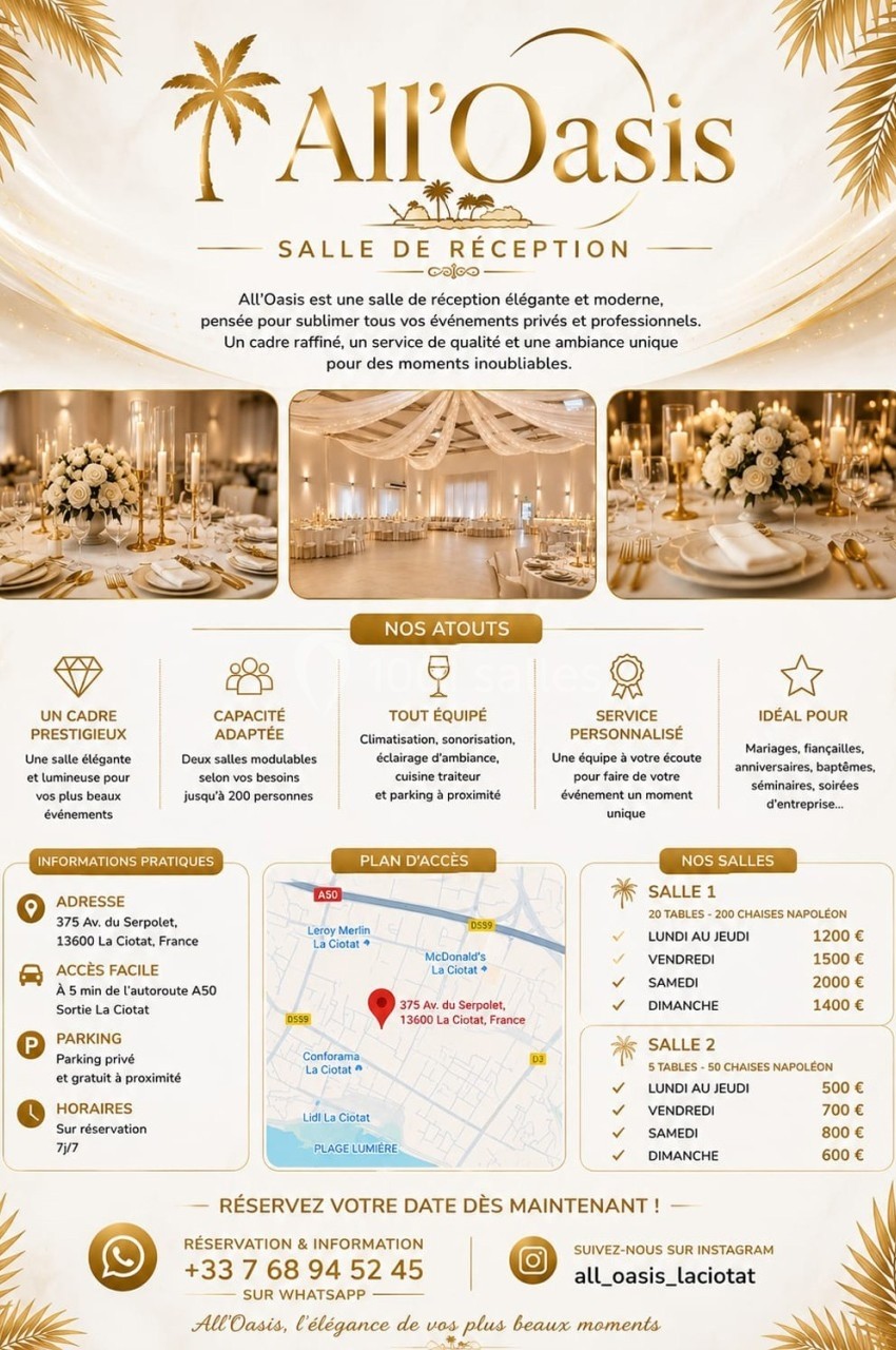 Affiche promotionnelle pour une salle de réception, avec photos, plan d'accès, services proposés et coordonnées de contact.