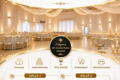 Salle de réception décorée avec des tables et chaises élégantes sous des guirlandes lumineuses suspendues.