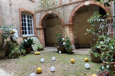 Cour intérieure pavée avec des plantes en pots, entourée de murs en briques et fenêtres à carreaux.