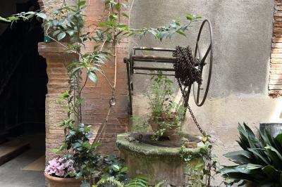 Cour intérieure pavée avec des plantes en pots, entourée de murs en briques et fenêtres à carreaux.