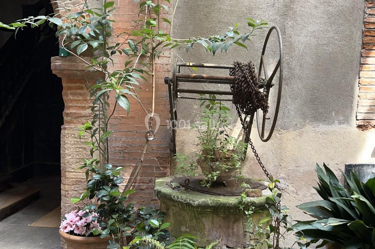 Vieil puits en pierre entouré de plantes en pots, situé dans une cour pavée avec un mur en briques et crépi.