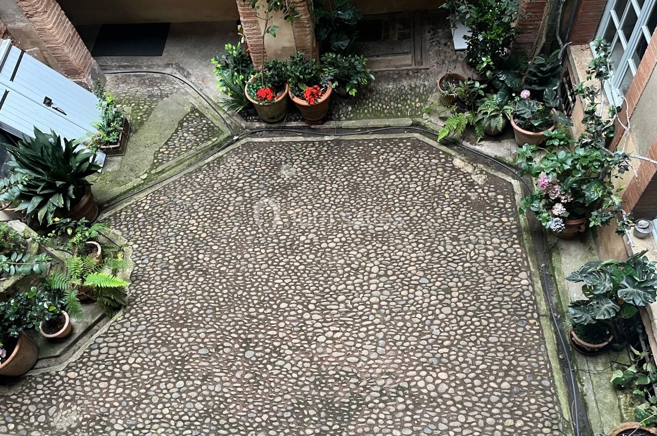 Vue plongeante sur une cour pavée entourée de plantes en pots et de murs en briques.