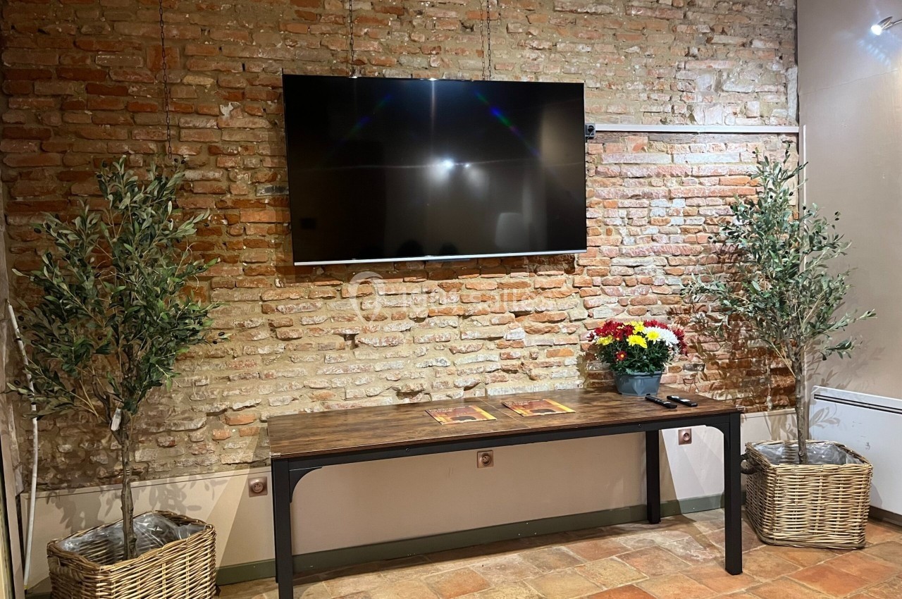 Télévision murale sur un mur de briques, table en bois avec des plantes en pots et un bouquet de fleurs colorées.