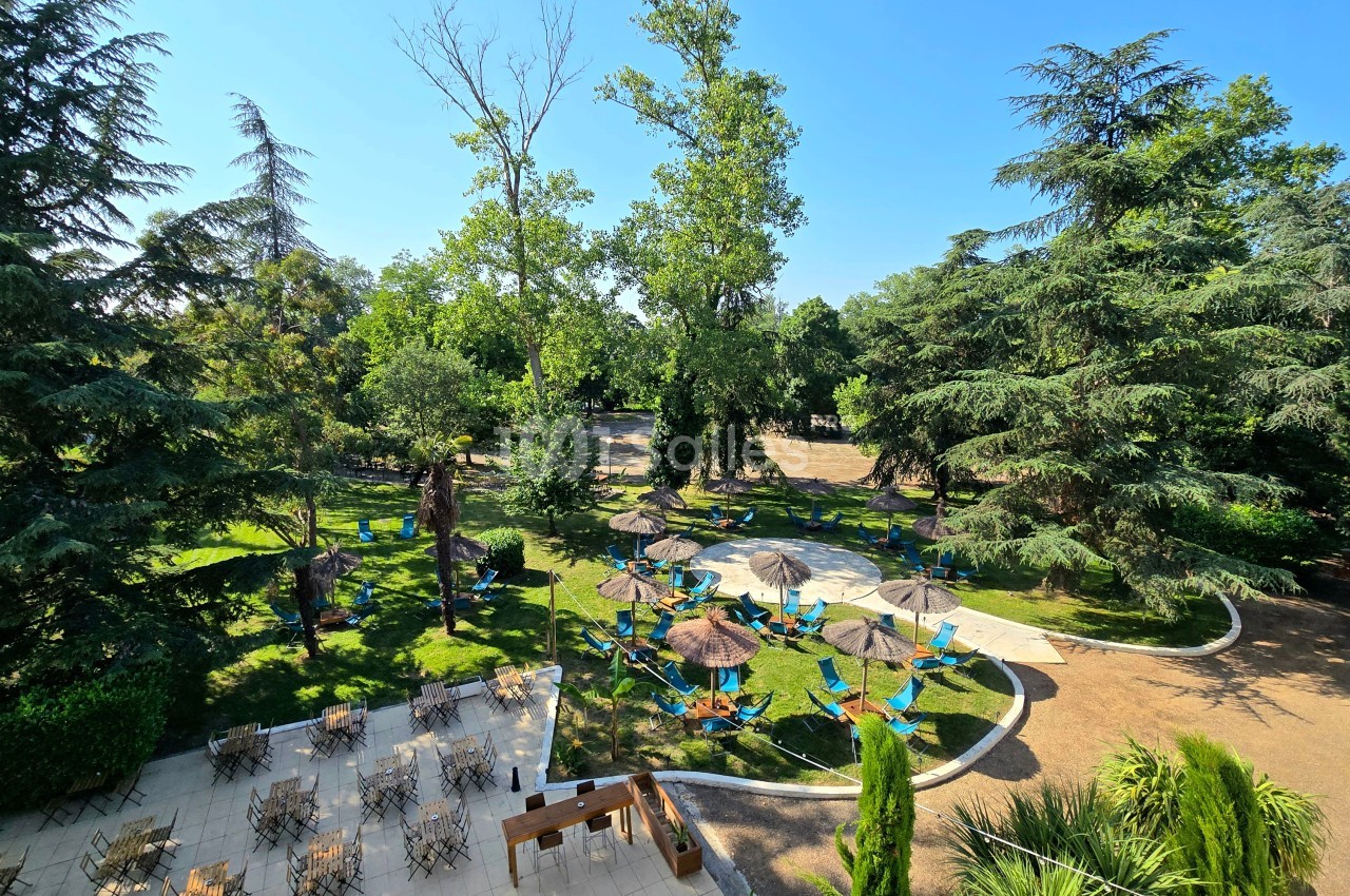 Parc arborisé avec terrasse dallée meublée de chaises, transats bleus sous parasols et zone herbeuse ombragée.
