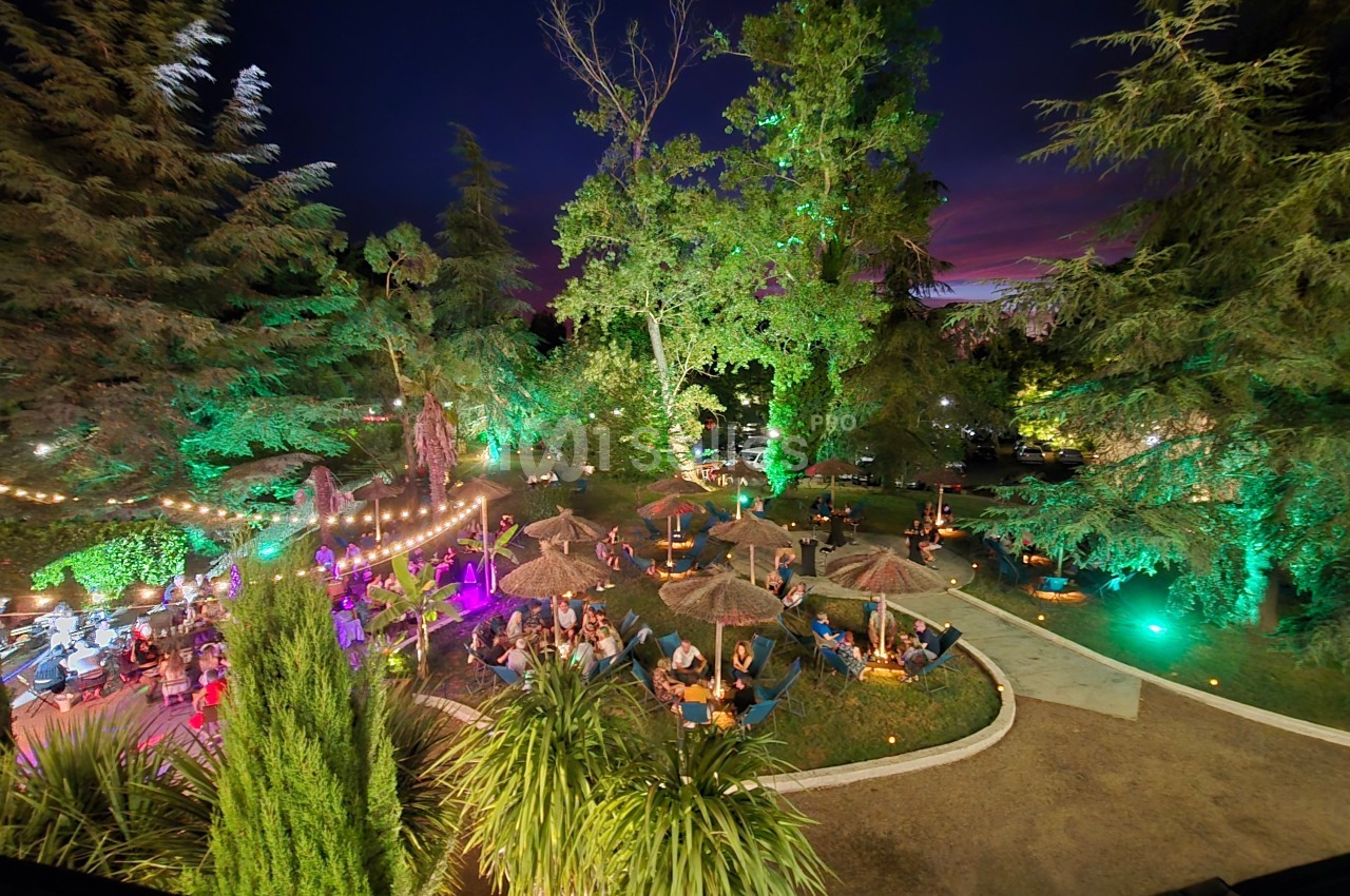 Jardin nocturne illuminé en vert avec convives sous des parasols, arbres éclairés et scène musicale en arrière-plan.