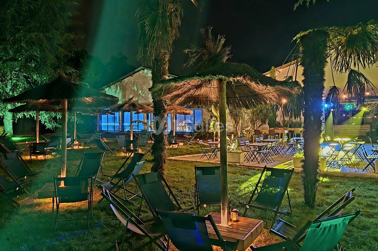 Espace extérieur de nuit avec chaises longues sur pelouse, palmiers éclairés et bungalows paillotes en arrière-plan.