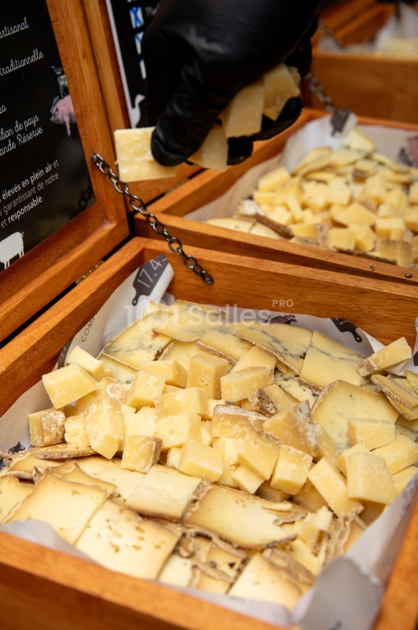 Plateau de dégustation avec fromages à pâte dure découpés en cubes et tranches, présenté sur assiette blanche avec panneaux informatifs en bois.