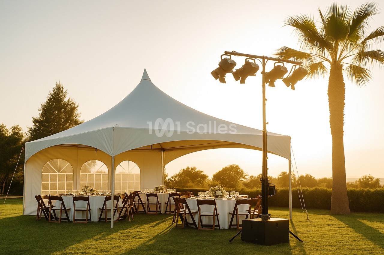 Chapiteau blanc dressé en extérieur avec tables rondes, chaises en bois, projecteurs et palmier au coucher du soleil.