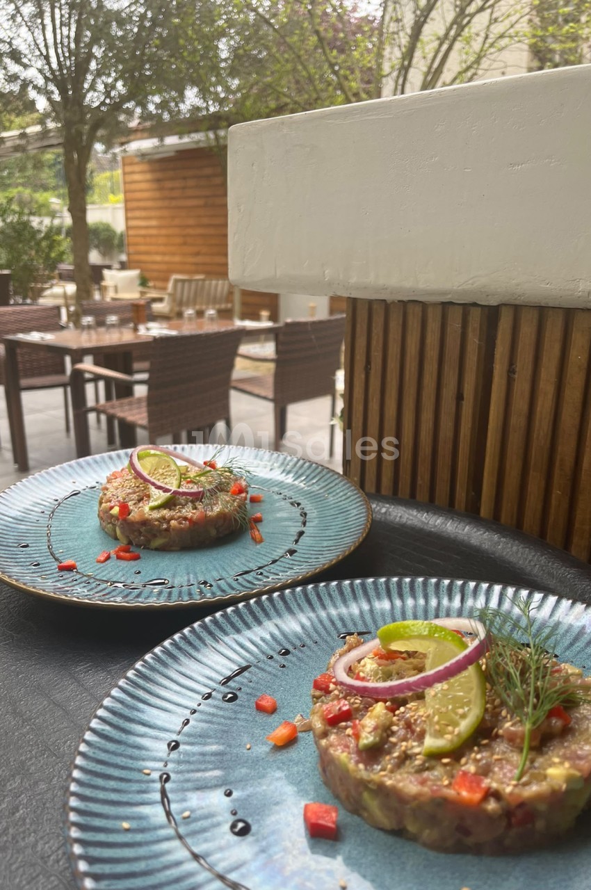 Deux assiettes rondes bleu-vert ridées contenant des tartares de poisson garnis de lime, d'oignon rouge, de poivron et de sésame, en terrasse avec des tables et chaises en rotin à l'arrière-plan. Let me verify length: roughly 190 characters, too long.