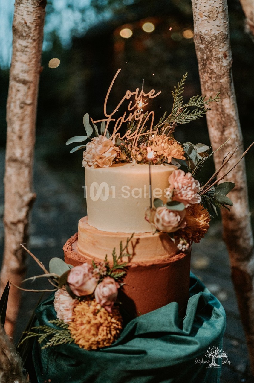 Gâteau de mariage à trois étages nappé de crème beige, orange et terracotta, décoré de fleurs roses et orangées, d'eucalyptus et de topper en bois « Love is in the air », posé sur un tissu vert sous des troncs de bouleau. Wait: I must not transcribe text