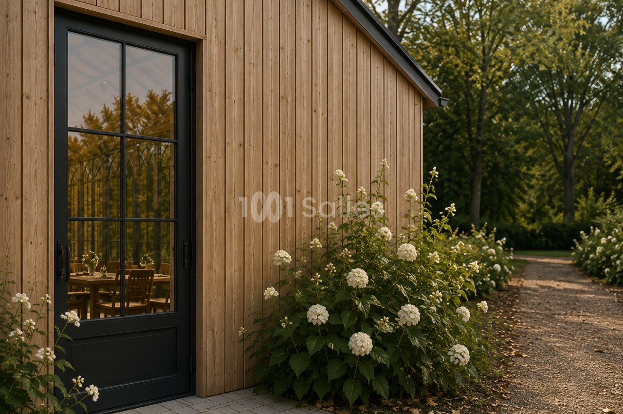 Façade en bardage bois clair d'un bâtiment de plain-pied avec porte-fenêtre à croisillons noirs, donnant sur une salle aux tables en bois, et massif d'hortensias blancs au premier plan. Let me verify length: roughly 170 characters, too long. Need ≤125.
