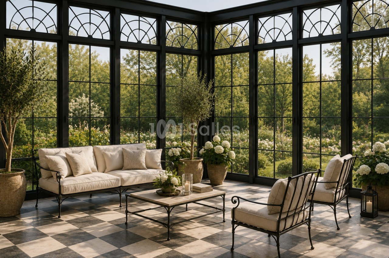 Salon-véranda aux grandes baies vitrées à petits carreaux, avec canapé et fauteuils en fer forgé garnis de coussins clairs, sur un sol en damier noir et blanc, donnant sur un jardin verdoyant.