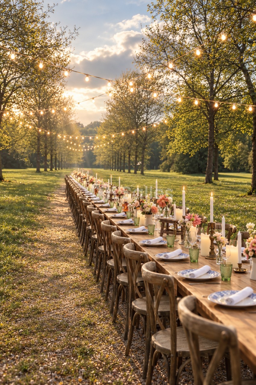 Table en bois dressée en extérieur sous des guirlandes lumineuses, longue rangée de chaises en bois et bougies, dans un parc arboré au coucher du soleil.