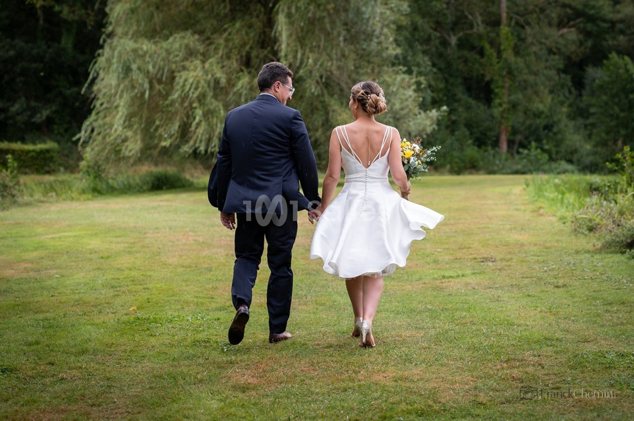 Un couple de mariés marche de dos sur une pelouse, main dans la main, près d'un grand saule pleureur et d'arbres en extérieur.