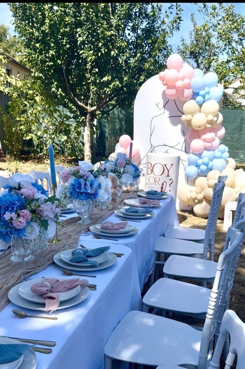 Table dressée en extérieur avec nappe blanche, assiettes bleues et roses, fleurs bleues et roses, arche ballons "Boy or Girl" en arrière-plan.