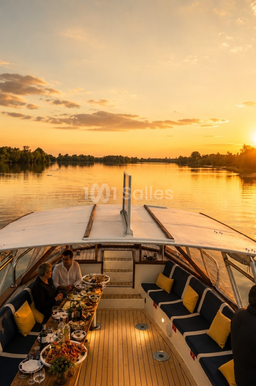 Table dressée de plats et de verres sur le pont d'un bateau, au coucher du soleil, sur une rivière.