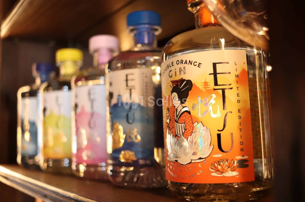 Rangée de bouteilles de gin aux étiquettes colorées sur une étagère en bois, éclairage chaud.