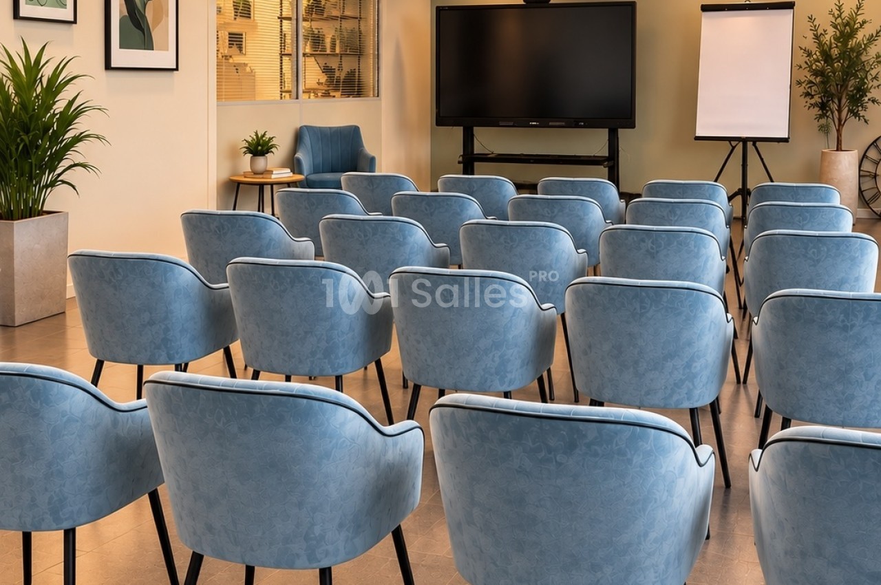 Salle de réunion en configuration théâtre avec rangées de fauteuils bleus à accoudoirs, face à un écran de télévision et un tableau de conférence sur chevalet.