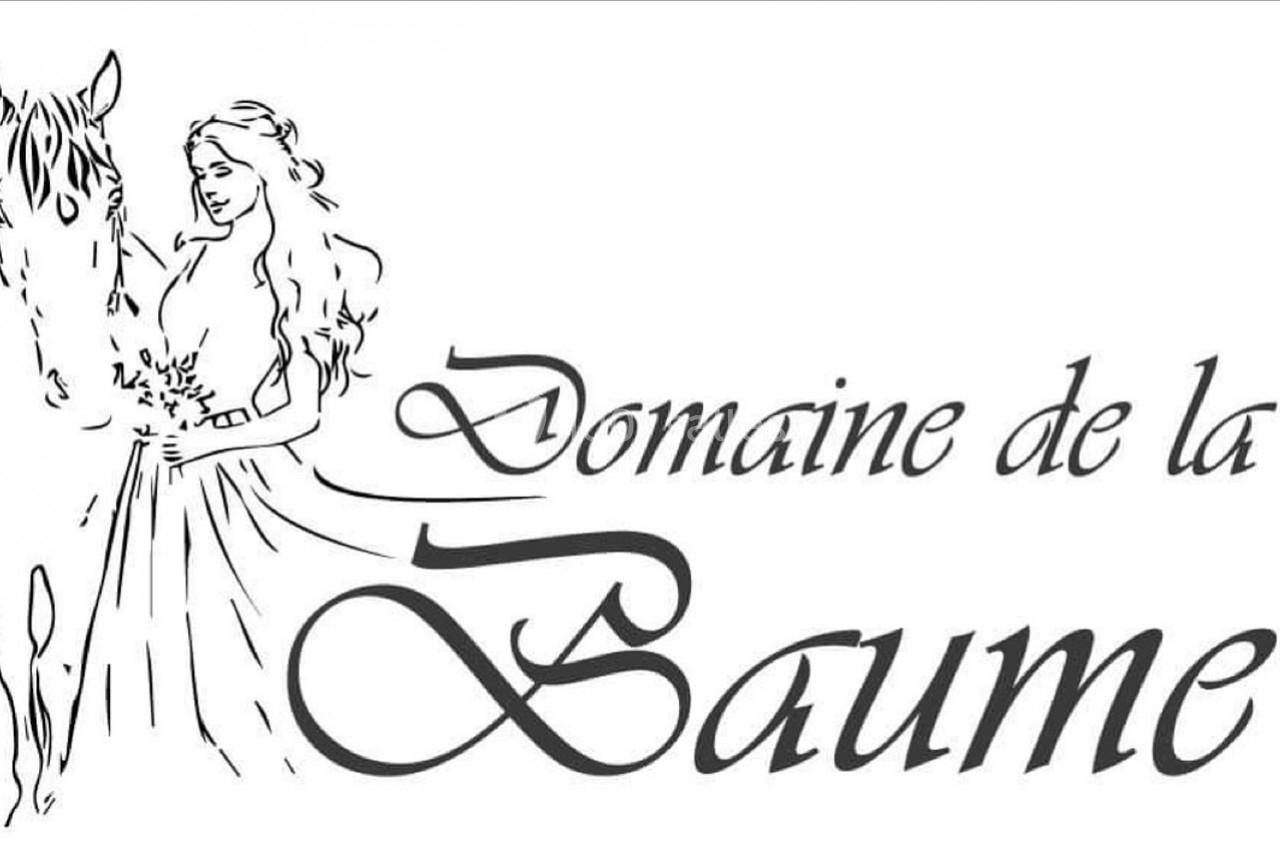 Illustration en noir et blanc d'une femme en robe longue tenant un cheval, accompagnée du texte ’Domaine de la Baume’.