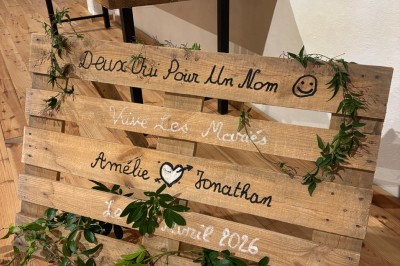 Coccinelle blanche décorée de fleurs blanches pour un mariage, stationnée sous un arbre dans un cadre verdoyant.