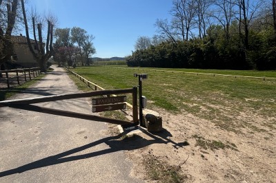 Barrière en bois fermant l'accès à un parking herbeux, entouré d'arbres sous un ciel dégagé.
