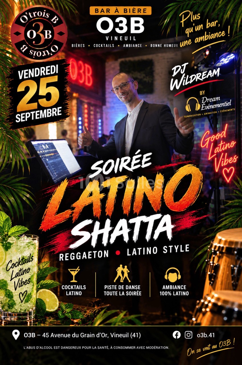Affiche d'une soirée latino : un DJ souriant, pouce levé, derrière une console, cocktail à la menthe et congas.