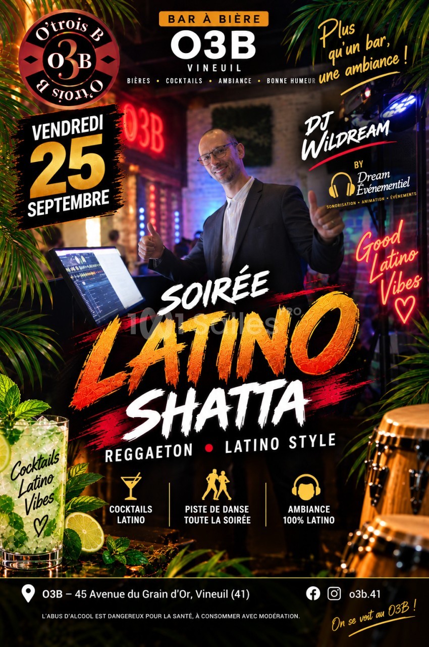 Affiche d'une soirée avec un DJ souriant, pouce levé, derrière une table de mixage, accompagné de cocktails et de congas.
