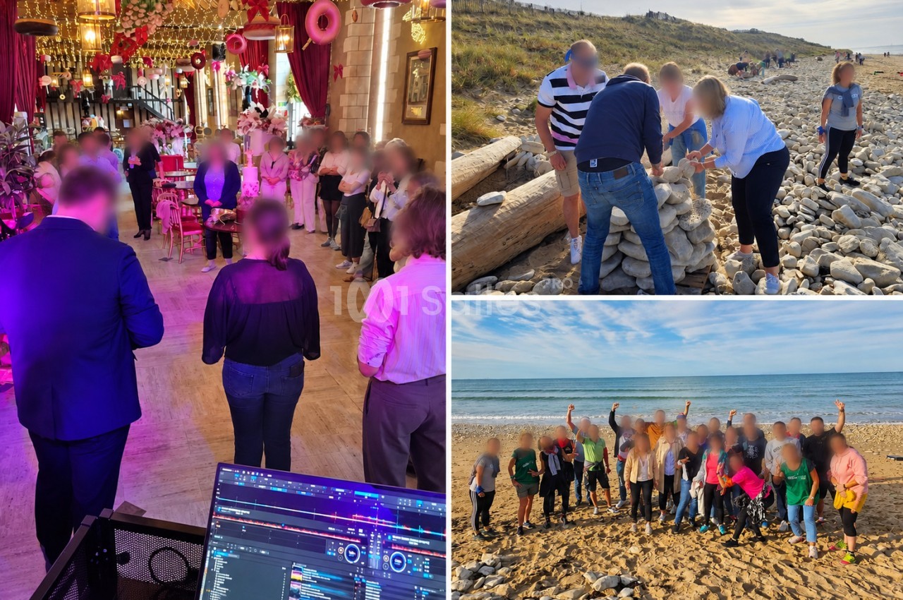 Collage : salle décorée de rose avec des invités debout, console de DJ au premier plan, et deux groupes sur une plage.