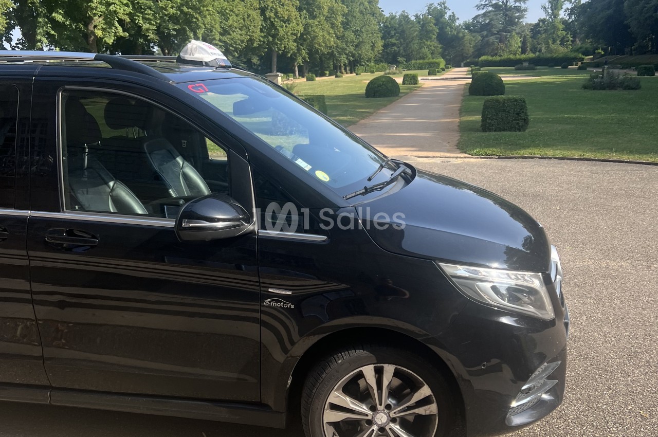 Berline noire, type van, garée sur une allée de parc bordée de pelouses et de buis taillés, par temps clair. Wait - I must respond only in French and the output must be just the alt text. Let me check: it's one sentence, under 125 characters? Count