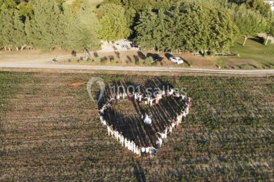Miniature Location salle Aix-en-Provence (Bouches-du-Rhône) - Mas de Vaureilles #22 Groupe de personnes formant un cœur dans un champ, vu depuis les airs, entouré d'arbres et de chemins.