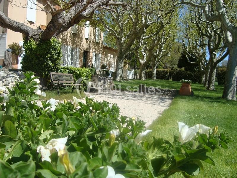 Allée bordée de fleurs blanches et d'arbres, menant à une maison entourée de verdure sous un ciel bleu.
